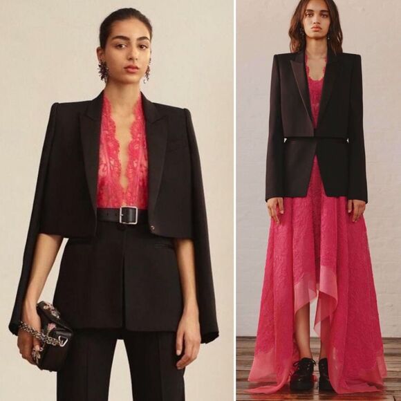 ALEXANDER McQUEEN Trompe L'Oeil Wool Silk Tuxedo Jacket Pink Lace Top S M 6 8 - Picture 3 of 16